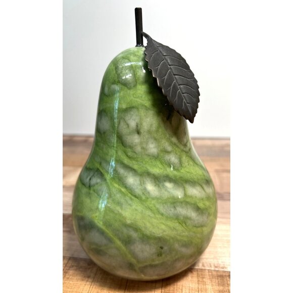 Ducceschi Hand-Carved Alabaster Pear Bookend With Metal Leaf  Stem Made In Italy - Picture 1 of 6